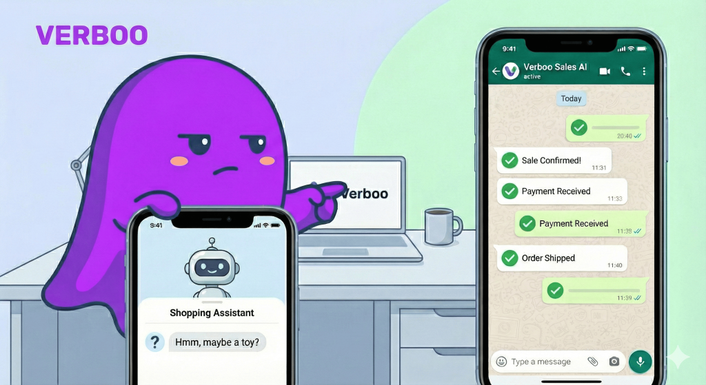 Mascote Boo da Verboo olhando com desdém para a tela de um celular que mostra um chatbot genérico, enquanto aponta para um app de WhatsApp com vendas concluídas.